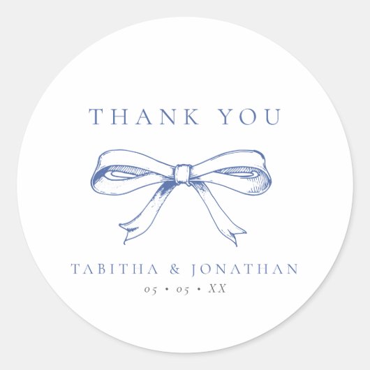 Blauwe Boog Bruiloft Dank u Ronde Sticker (Voorkant)
