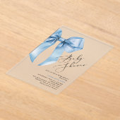 Blauwe boog elegante kalligrafie Baby Boy douche Acryl Uitnodigingen (Laagn)