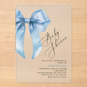 Blauwe boog elegante kalligrafie Baby Boy douche Acryl Uitnodigingen (Voorkant)