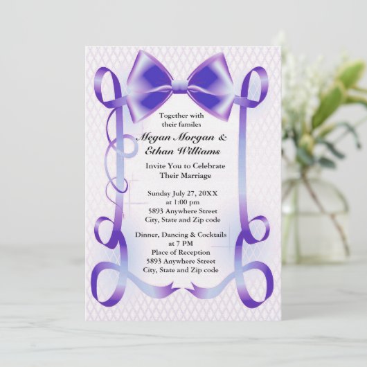 Blauwe Boog en Lint Grens Bruiloft Uitnodiging (Staand voorkant)