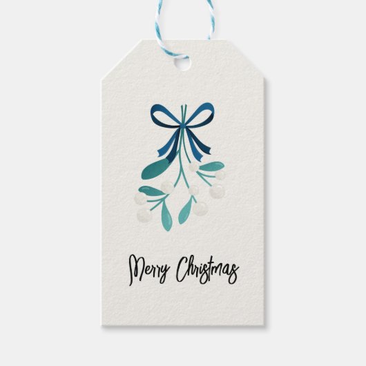 Blauwe boog en maretak cadeaulabel (Voorkant)