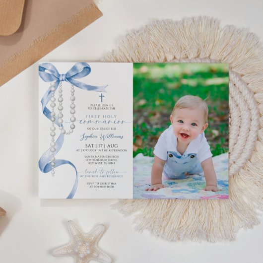 Blauwe boog en rozenkrans foto Eerste Heilige Comm Kaart