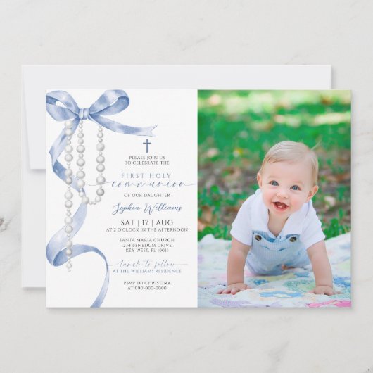 Blauwe boog en rozenkrans foto Eerste Heilige Comm Kaart (Voorkant)