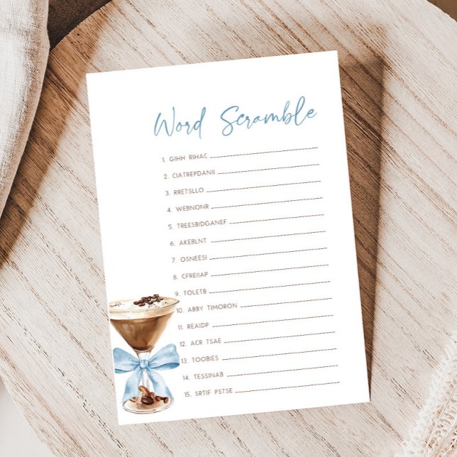 Blauwe Boog Espresso Martini Shower Woordzoekspel (Espresso Baby Shower Game)