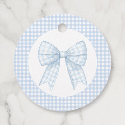 Blauwe boog gingham baby jongen douche dank u bedankjes labels (Achterkant)