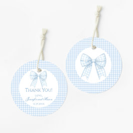 Blauwe boog gingham baby jongen douche dank u bedankjes labels