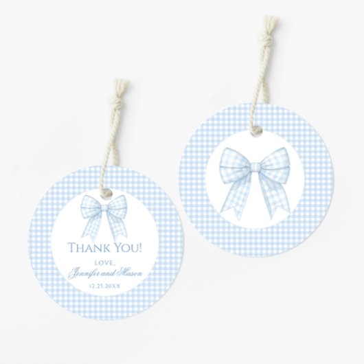 Blauwe boog gingham baby jongen douche dank u bedankjes labels