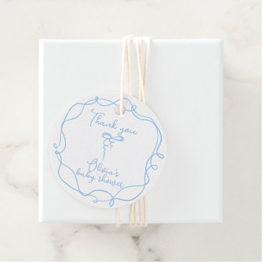 Blauwe boog golvende hand getekende jongen baby sh bedankjes labels (In situ)