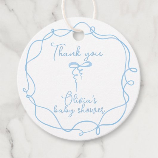 Blauwe boog golvende hand getekende jongen baby sh bedankjes labels (Voorkant)