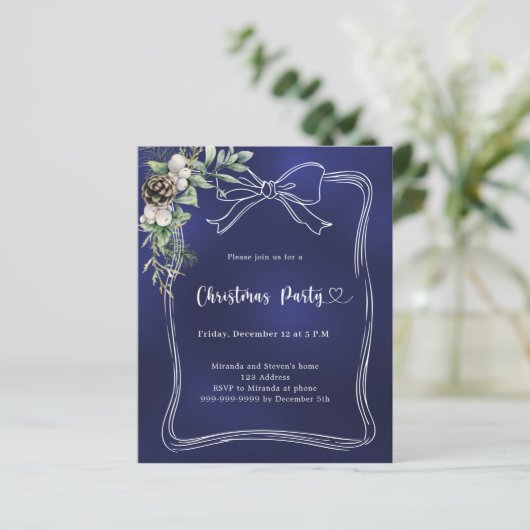 Blauwe boog grenen groen Kerstmis Party uitnodigin (Staand voorkant)