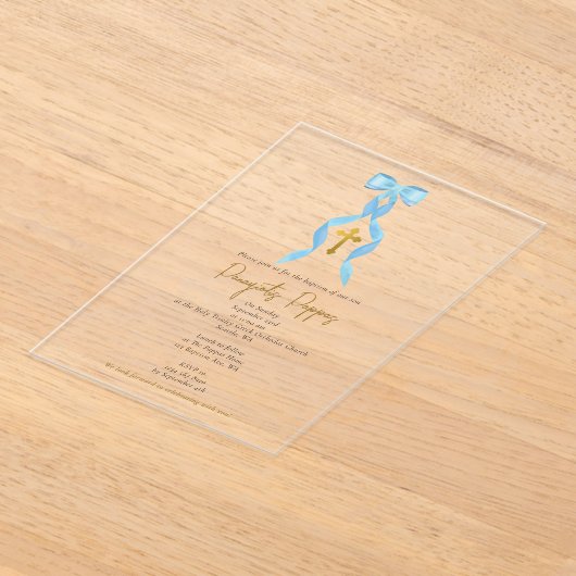 Blauwe boog Grieks-orthodoxe doopjongen doop Acryl Uitnodigingen (Laagn)