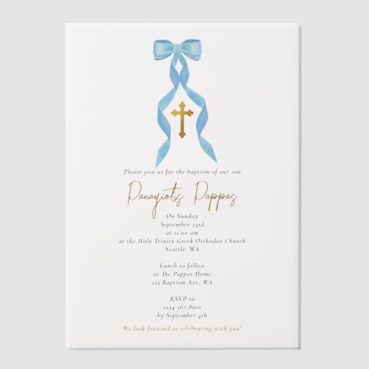 Blauwe boog Grieks-orthodoxe doopjongen doop Vellum Uitnodigingen (Voorkant)