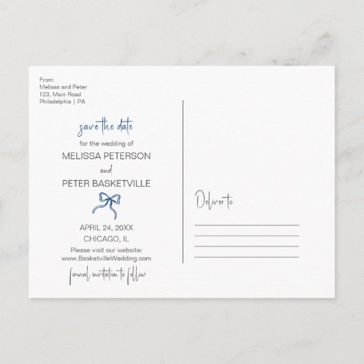 Blauwe boog hand getekend opslaan van de datum fot aankondigingskaart (Achterkant)