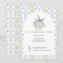 Blauwe boog onze kleine pompoen verjaardag uitnodi