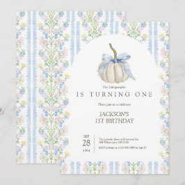 Blauwe boog onze kleine pompoen verjaardag uitnodi bedankkaart