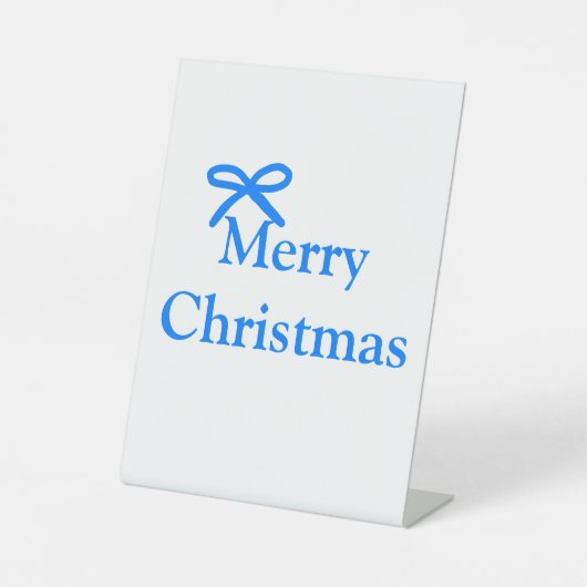 Blauwe boog vrolijk kerstcadeau's eenvoudig modern reclamebord met voetstuk (Voorkant)