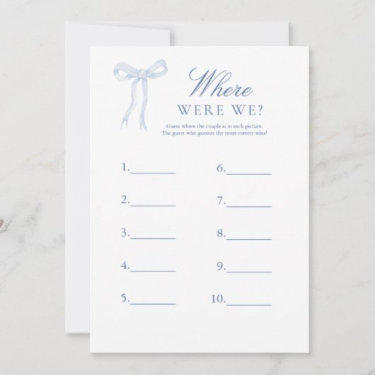 Blauwe boog waar waren we gokken bruids spel kaart (Voorkant)