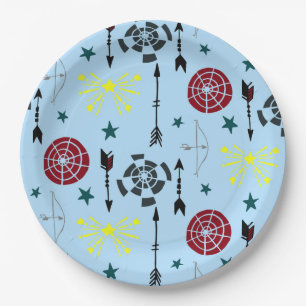 Blauwe boogschieten pijlen en doelen papieren bordje