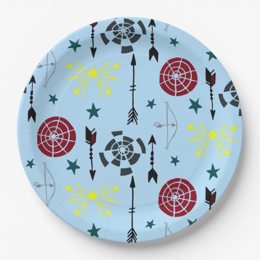 Blauwe boogschieten pijlen en doelen papieren bordje (Voorkant)