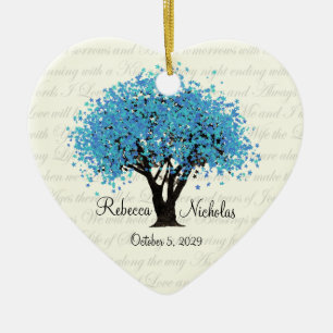 Blauwe boom dansen bloeit bruiloft foto keramisch ornament