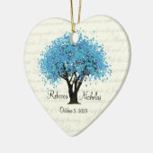 Blauwe boom dansen bloeit bruiloft foto keramisch ornament (Links)