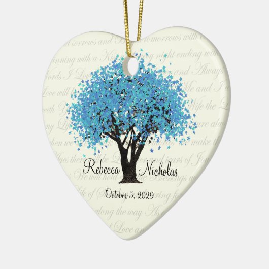 Blauwe boom dansen bloeit bruiloft foto keramisch ornament (Links)