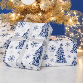 Blauwe boom en sneeuwvlokverpakking cadeaupapier
