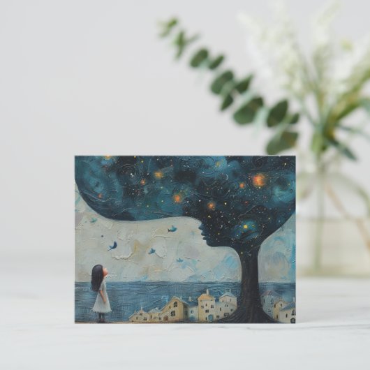 Blauwe boom en Verbaasd Kind Kleine Huizen Aan Zee Briefkaart (Staand voorkant)