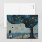 Blauwe boom en Verbaasd Kind Kleine Huizen Aan Zee Briefkaart (Voorkant / Achterkant)