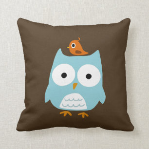 Blauwe boomgaard met kleine Oranje vogel Kussen