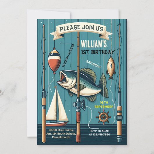 blauwe boot schattig jongen vis ofishally een 1e v kaart (Voorkant)