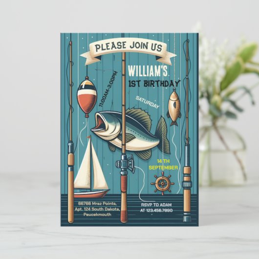 blauwe boot schattig jongen vis ofishally een 1e v kaart (Staand voorkant)