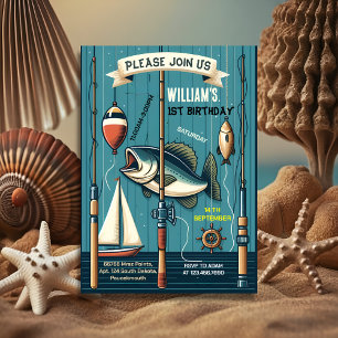 blauwe boot schattig jongen vis ofishally een 1e v kaart