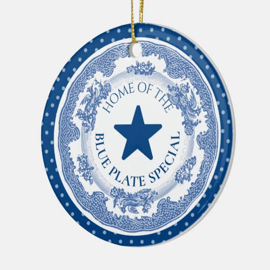 Blauwe bord speciale nostalgie met kerst keramisch ornament (Links)