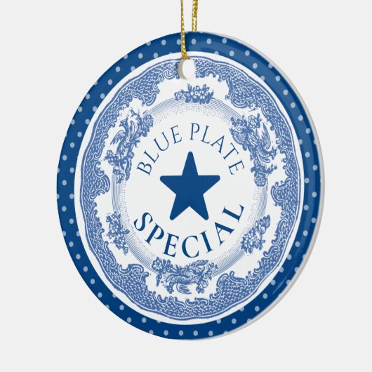 Blauwe bord speciale nostalgie met kerst keramisch ornament (Links)
