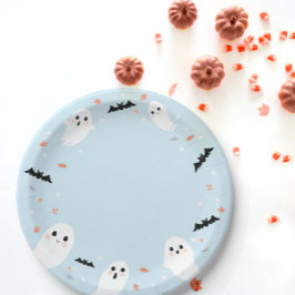 Blauwe borden met een kleine geest van halfafgewer papieren bordje