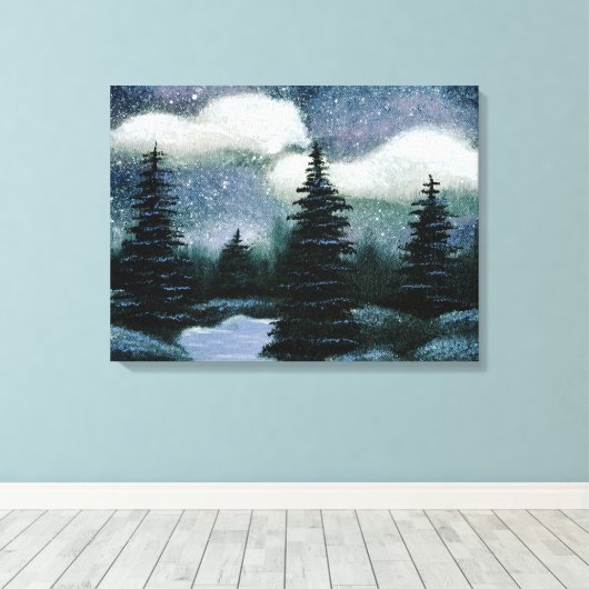 Blauwe bosolie schilderen, avening landschap canvas afdruk (Insitu (Houten vloer))