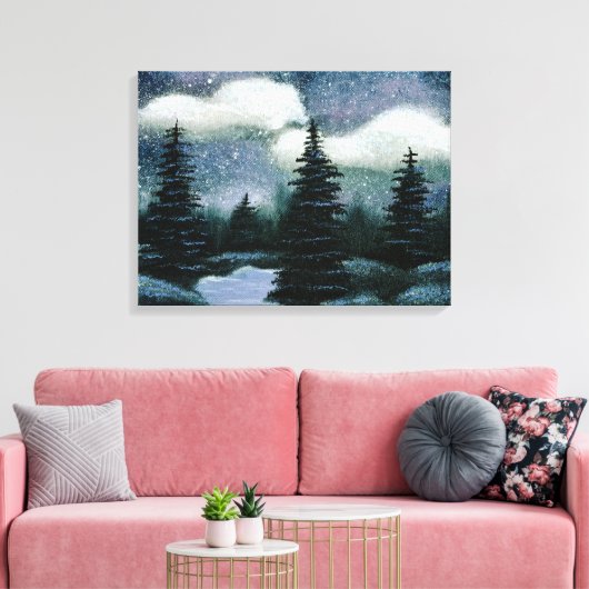 Blauwe bosolie schilderen, avening landschap canvas afdruk (Insitu (Woonkamer))