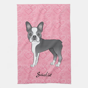 Blauwe Boston Terrier-hond op roze harten en naam Theedoek