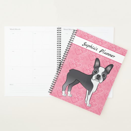 Blauwe Boston Terrier-hond op roze harten en tekst Planner (Display)