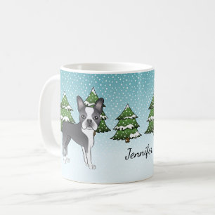 Blauwe Boston Terrier in een winterbos & naam Koffiemok
