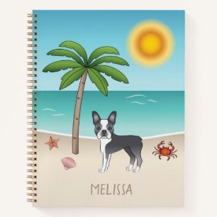Blauwe Boston Terrier Op Een Tropisch Zomerstrand Notitieboek