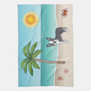 Blauwe Boston Terrier op een tropisch zomerstrand Theedoek