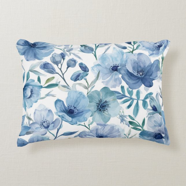 Blauwe Botanische Aquarel Bloementuin Accent Kussen (Voorkant)