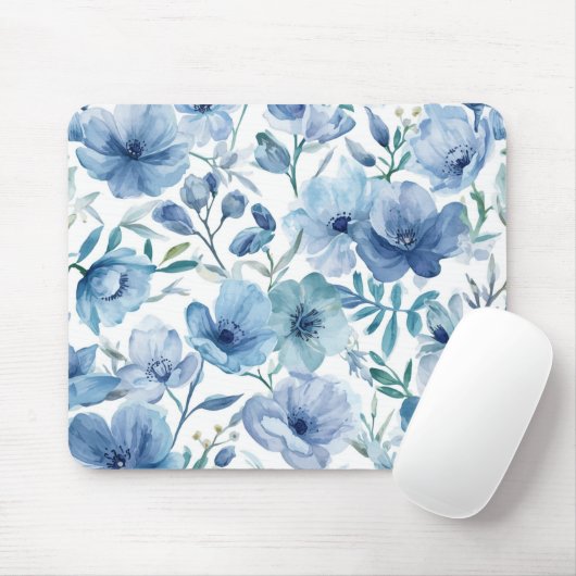 Blauwe Botanische Aquarel Bloementuin Muismat (Met muis)