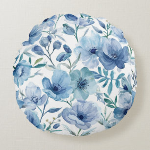 Blauwe Botanische Aquarel Bloementuin Rond Kussen