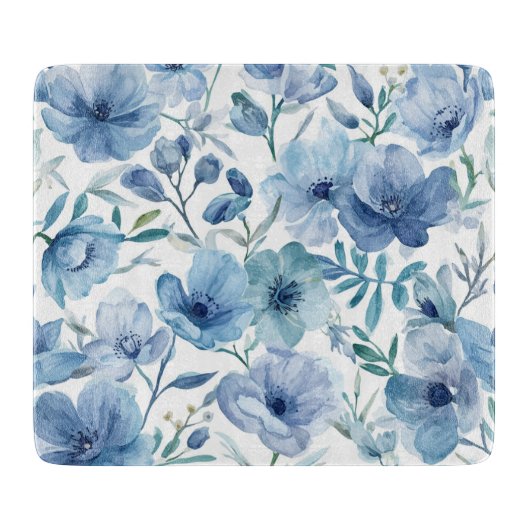 Blauwe Botanische Aquarel Bloementuin Snijplank (Voorkant)