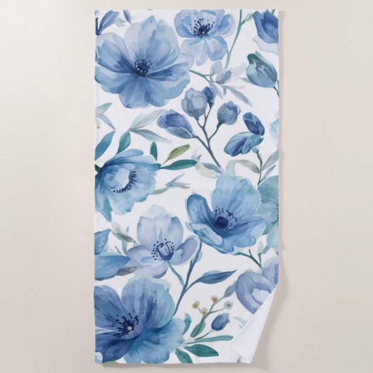 Blauwe Botanische Aquarel Bloementuin Strandlaken (Voorkant)