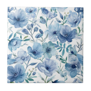 Blauwe Botanische Aquarel Bloementuin Tegeltje