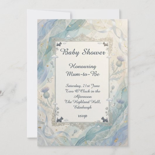 Blauwe botanische babyshower uitnodiging (Voorkant)